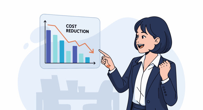 Woman in business suit points to a chart showing cost reduction with a downward trend