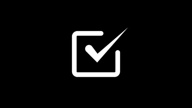Abstract animated disclose of a white check mark icon in a white square board on black background.