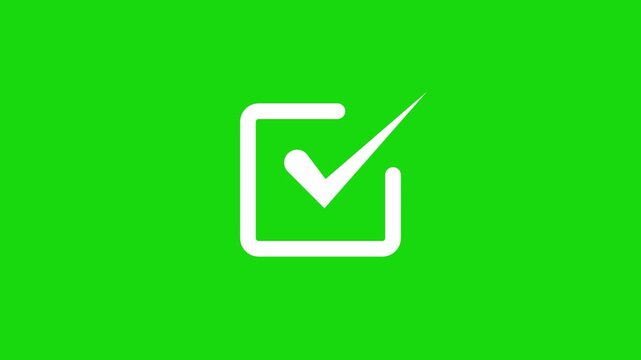Abstract animated disclose of a white check mark icon in a white square board on green background.