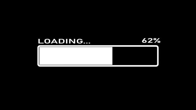 Abstract a beautiful white glowing loading bar icon animation with progress loading bar 0-100 percent and a check mark icon with write done on black background.