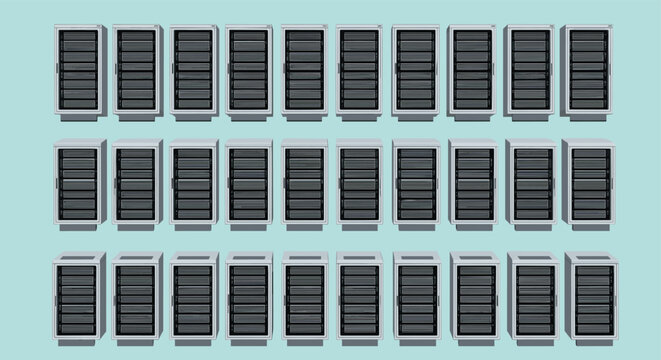 Organized grid of three rows of silver computer server rack icons on a light blue background representing data centers and information technology.