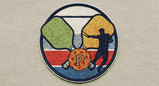 A circular emblem depicts a pickleball player, paddles, and ball on a textured background