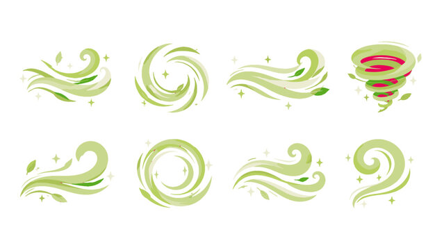 Set of green swirling wind and vortex decorative vector elements