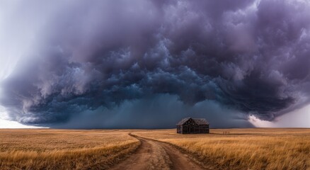 Fototapeta premium Dramatic supercell storm looms over abandoned homestead on vast, dry prairie