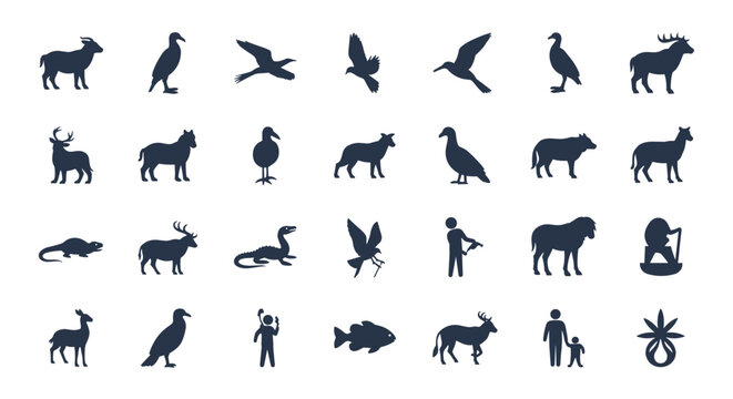 Large set of twenty eight dark blue silhouette icons depicting various wild animals, birds, and people in various poses for infographic design.