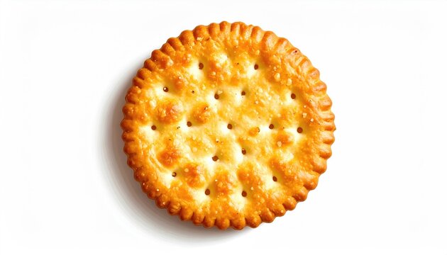 Golden-brown, round cracker with crimped edge and punched holes