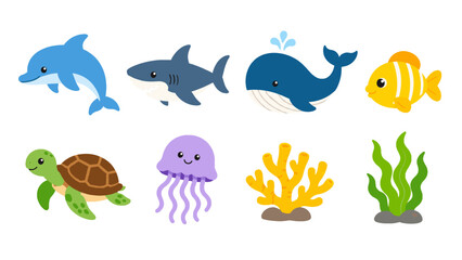Cute cartoon sea animals and ocean plants vector set © Mark