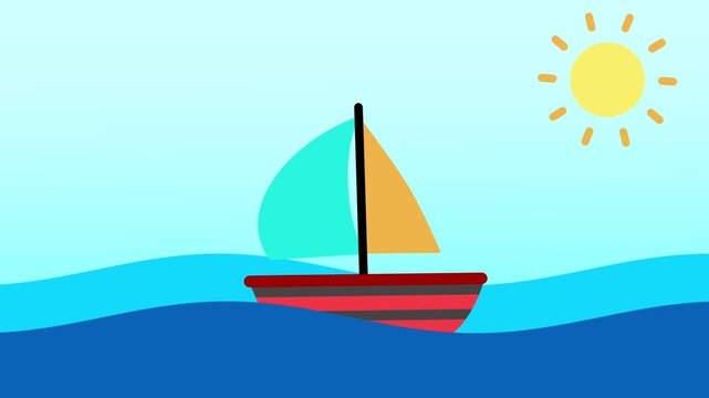 A flat style cartoon sailboat floating and bobbing on blue ocean waves under a bright shining sun.