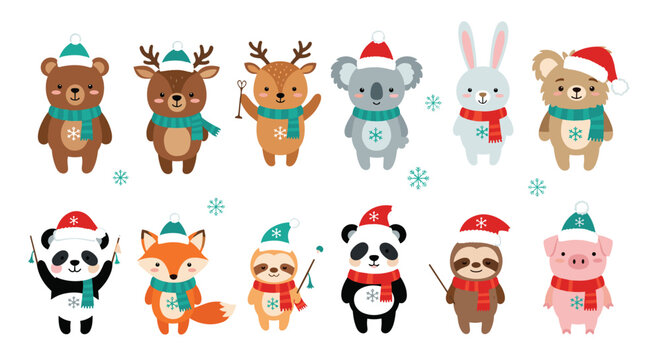 Cute collection of twelve different animals including a bear, fox, and panda wearing festive red Santa hats and blue or red winter scarves.
