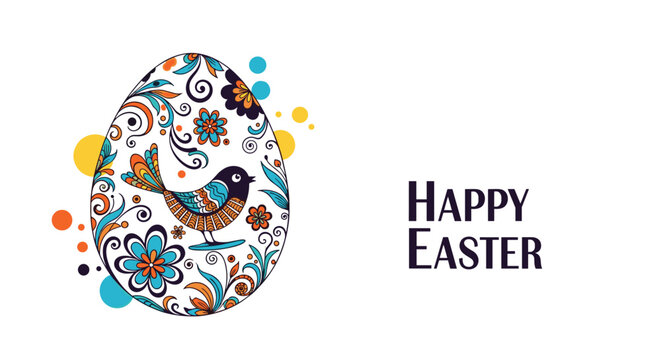 Intricate and colorful decorative bird design placed inside an Easter egg shape surrounded by vibrant dots and the festive words happy easter.