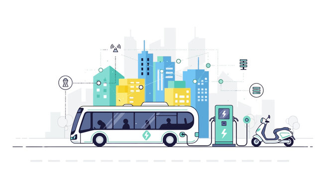 Electric bus and scooter charging in futuristic smart city with modern buildings