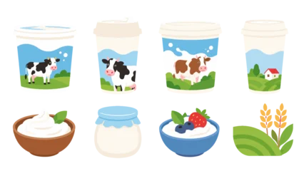 Gardinen Bauernhof Dairy product vector set with milk cups yogurt and farm scenes  © Mark
