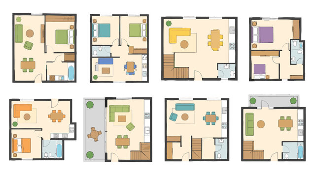 Set of residential apartment floor plan layouts in top view