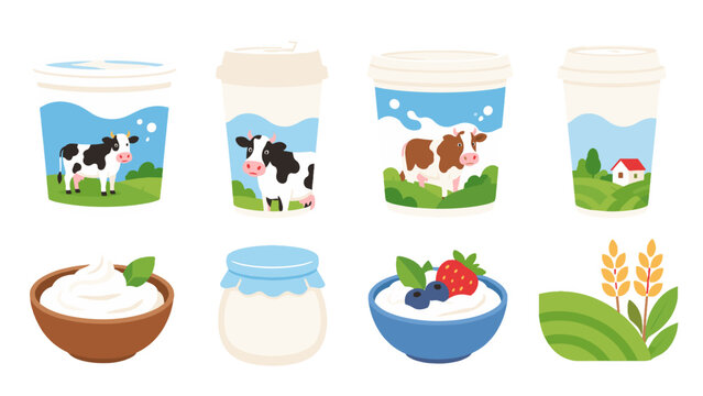 Dairy product vector set with milk cups yogurt and farm scenes