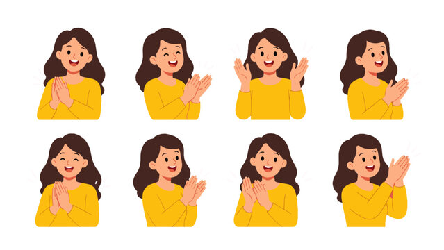 Set of smiling woman clapping in different hand gesture poses