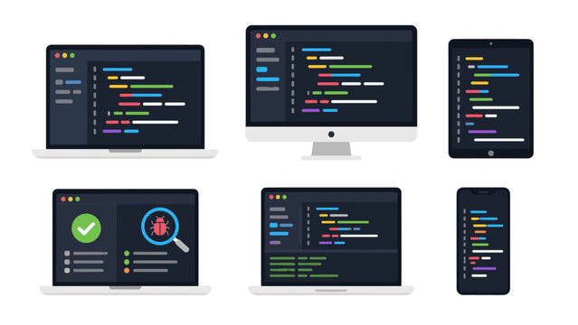 Coding interface on laptop desktop tablet and smartphone screens