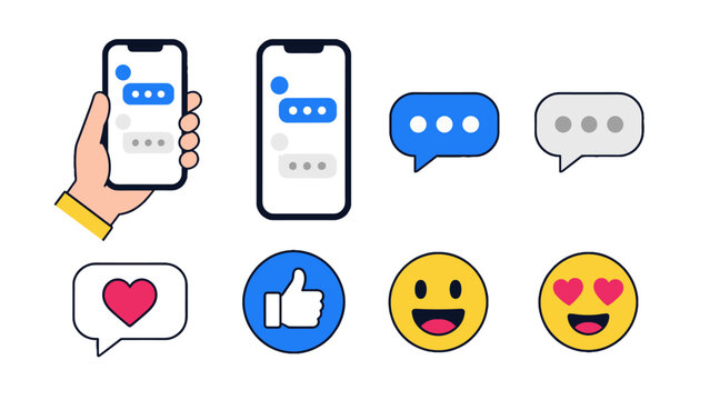 Messaging and social media reaction icons in flat vector style