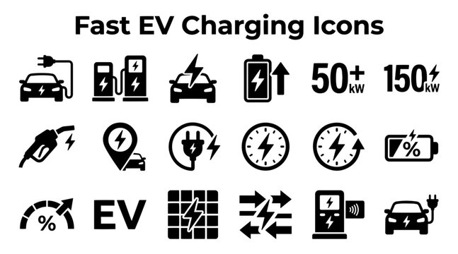 Electric Vehicle Charging Icons Set: Fast Charging, Battery Status, Power Levels, and Stations