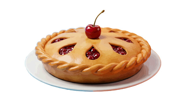 Vector illustration of delicious homemade cherry pie with a single cherry on top on a transparent background