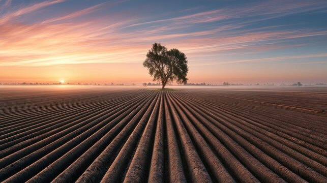 Sunrise over plowed field, solitary tree, golden light casting long furrows across damp soil, thin morning mist hugging horizon, pastel sky gradients, wide perspective with leading lines, tranquil