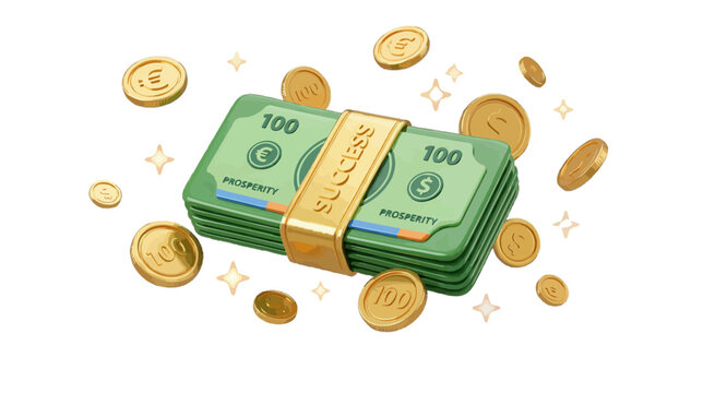 Vector illustration of stack of money with gold success band and floating coins a transparent background