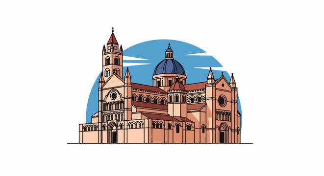 Stylized illustration of a large, ornate church with a prominent blue dome and bell tower