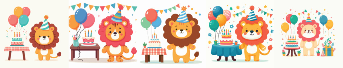 Fototapeta premium Cartoon Animal Birthday Party Collection with Balloons, Cake, Gifts and Celebration Decorations