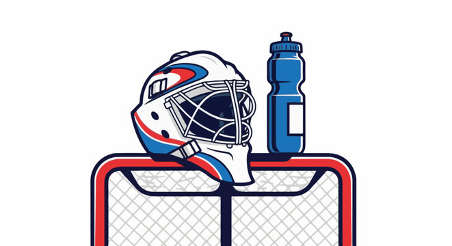Goalie mask and water bottle on hockey net