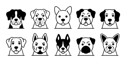 Fototapeta premium Dogs Cartoon Set with Various Breeds and Expressions Featuring Pet Icons, Animal Illustrations, Black and White with Line Art and Dog Faces Elements