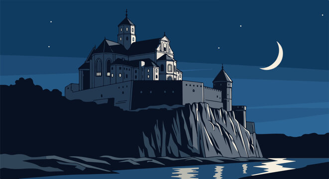 A pixelated castle stands majestically atop a cliff under a crescent moon and starry night sky