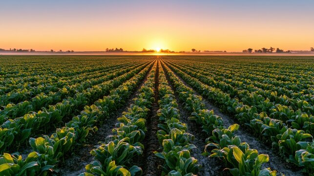 Evening farm scene. Sunset illuminates expansive fields. Dusk bathes cultivated land in warm glow. Evening glow highlights extensive vegetable rows and rural landscape features vividly