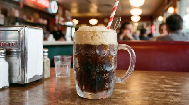 Cold frothy root beer in glass mug on wooden table at retro diner perfect for National Stewart&rsquo;s Root Beer Day