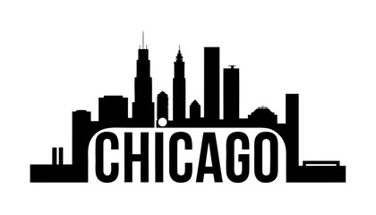 Fototapeta premium Vector illustration of Chicago skyline black silhouette with “CHICAGO” text, on white background, minimalist urban artwork, modern travel and city identity design