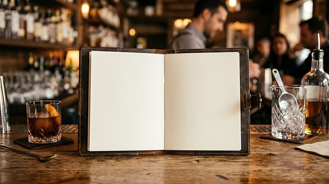 Blank vintage notebook mockup on a rustic bar counter with cocktail