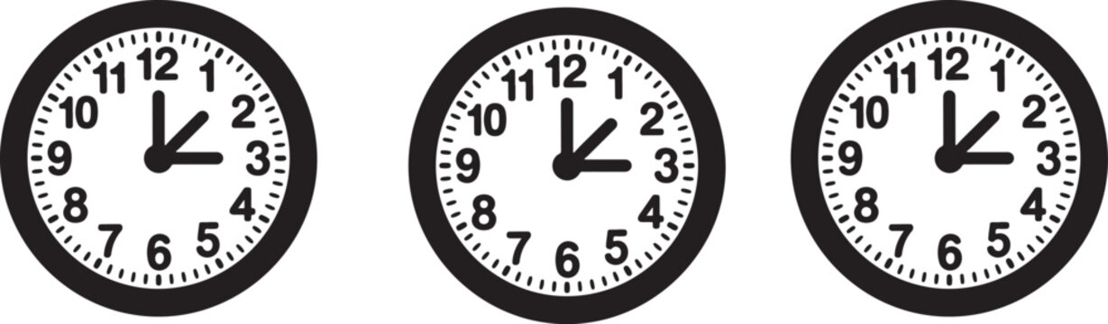 Group of three minimalist analog clocks displaying one, two, and three oclock for time tracking