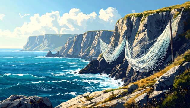 Majestic ocean waves crashing against rocky cliff coastline.