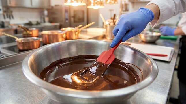 Chef stirring melted dark chocolate with spatula in stainless steel bowl, professional tempering process