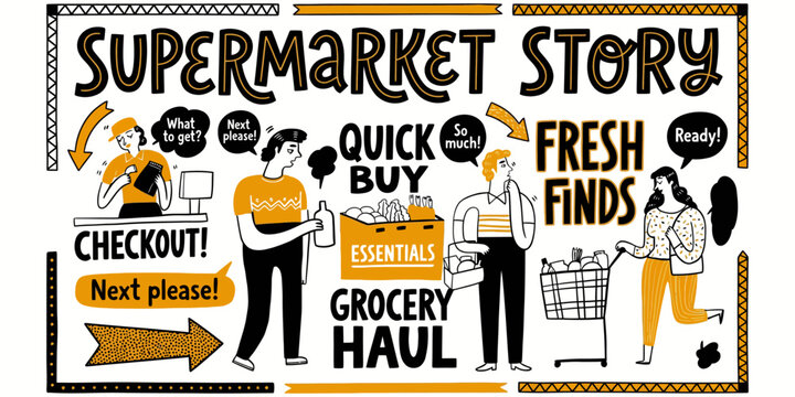 Supermarket Haul Illustration Essential Grocery Items, Fresh Finds, and Checkout Process