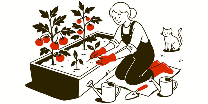 Illustration of a person tending to a raised garden bed filled with tomato plants, with a cat observing nearby, highlighting gardening and home cultivation