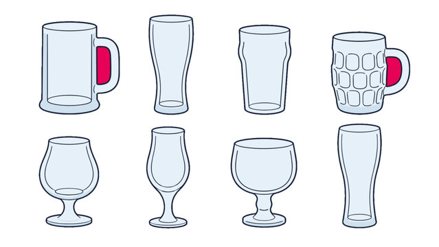 Set of different beer glass shapes in simple vector outline style