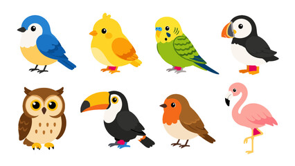 Fototapeta premium Cute cartoon bird set with eight colorful species icons