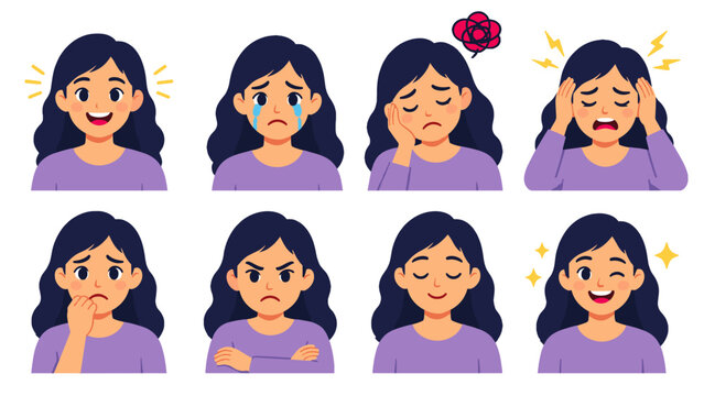 Set of woman facial expressions in flat cartoon vector style