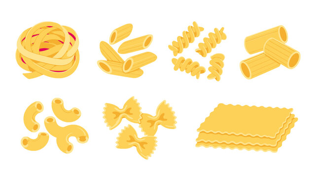 Assorted pasta shapes set in yellow vector illustration