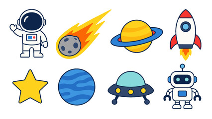 Cute space icon set with astronaut rocket planet and robot © Alan