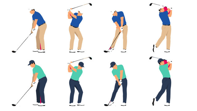 Golf player swing sequence set in flat vector illustration