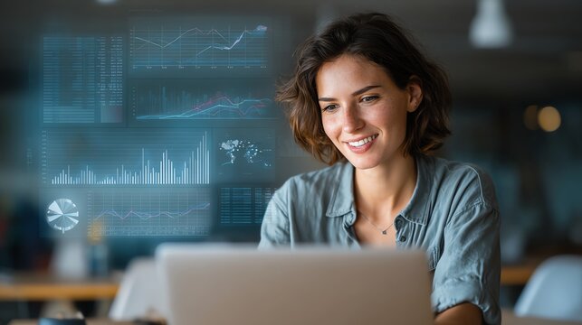 Data Analytics concept, Data Annotation, Data Analysis, Smile businessman use laptop analyzing data for competitor benchmarking and market positioning