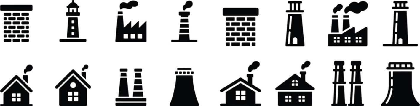 Set of isolated black industrial buildings icons, featuring factory, lighthouse, and brick chimney designs.