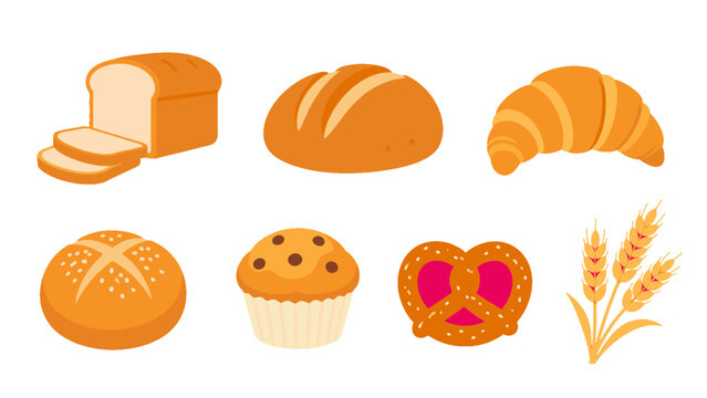 Vector set of bread, croissant, muffin, pretzel and wheat