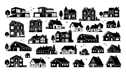 Naklejka premium Residential House, Modern Villa, and Rural Barn Solid Icon Set Featuring Suburban Homes, Cottages, Farmhouses, Mansions, and Real Estate Architecture Symbols for Property Listings