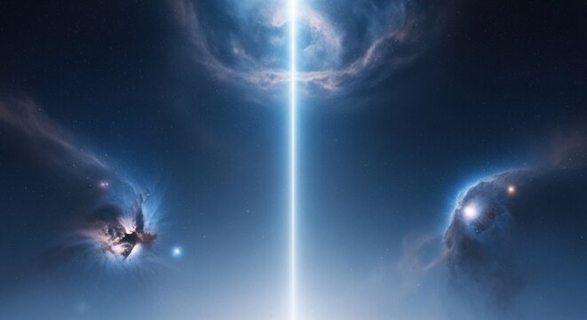 Cosmic Beam of Light Illuminating the Universe with Nebulae and Galaxies.